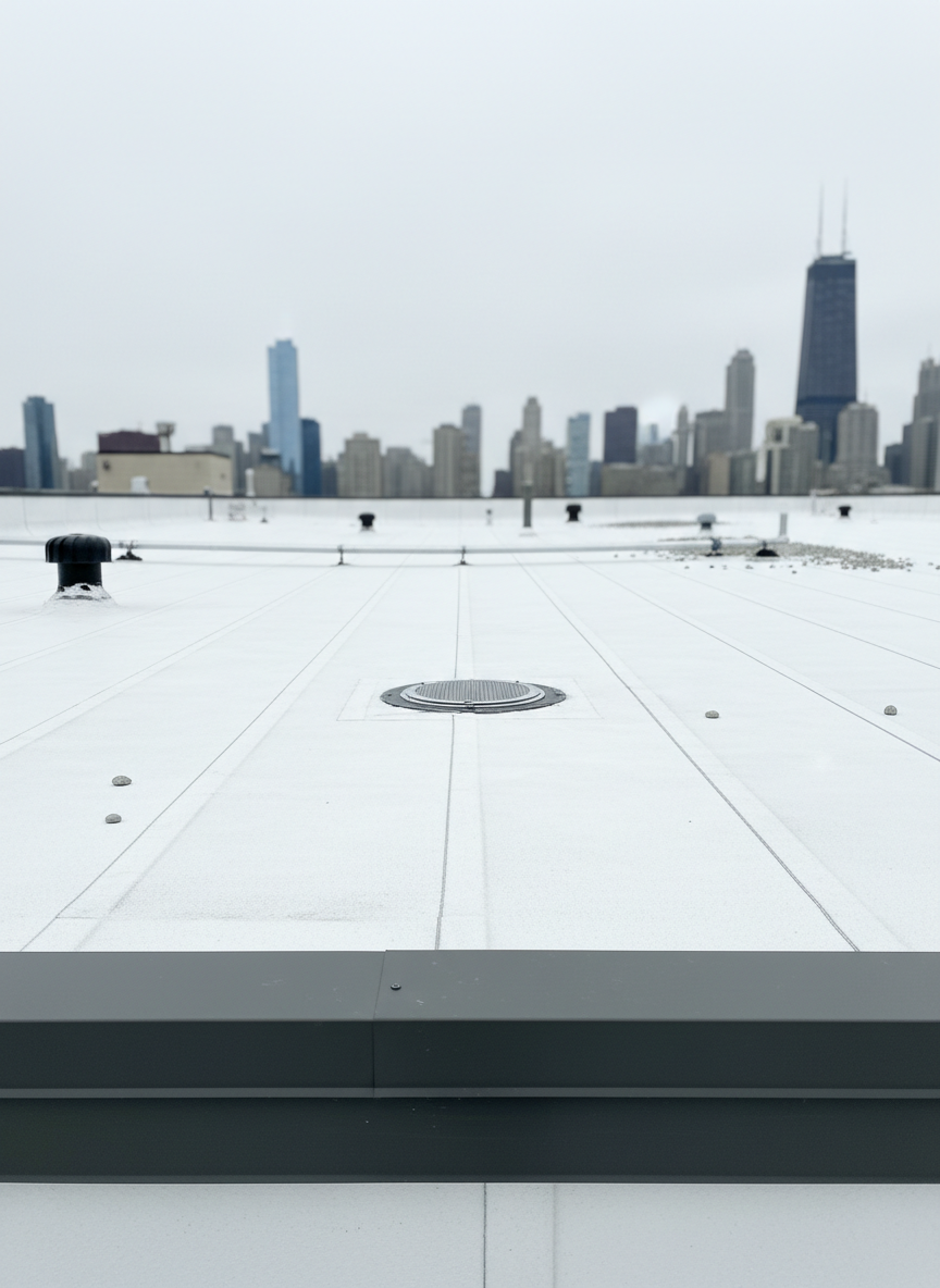 A close-up, highly detailed photographic view of a flat commercial roof showing layered construction: dark metal edge flashing, clean white TPO membrane, and precision-welded seams running in straight lines toward a centrally located roof drain. Small gravel ballast and neatly sealed penetrations for vents and conduit add texture and authenticity. The scene is set on an overcast Chicago day, with soft, diffused light reducing glare and revealing subtle surface textures. Shot at a low, eye-level angle along the plane of the roof, with sharp focus throughout, the image communicates technical quality, proper drainage design, and meticulous installation in a clean, professional aesthetic.