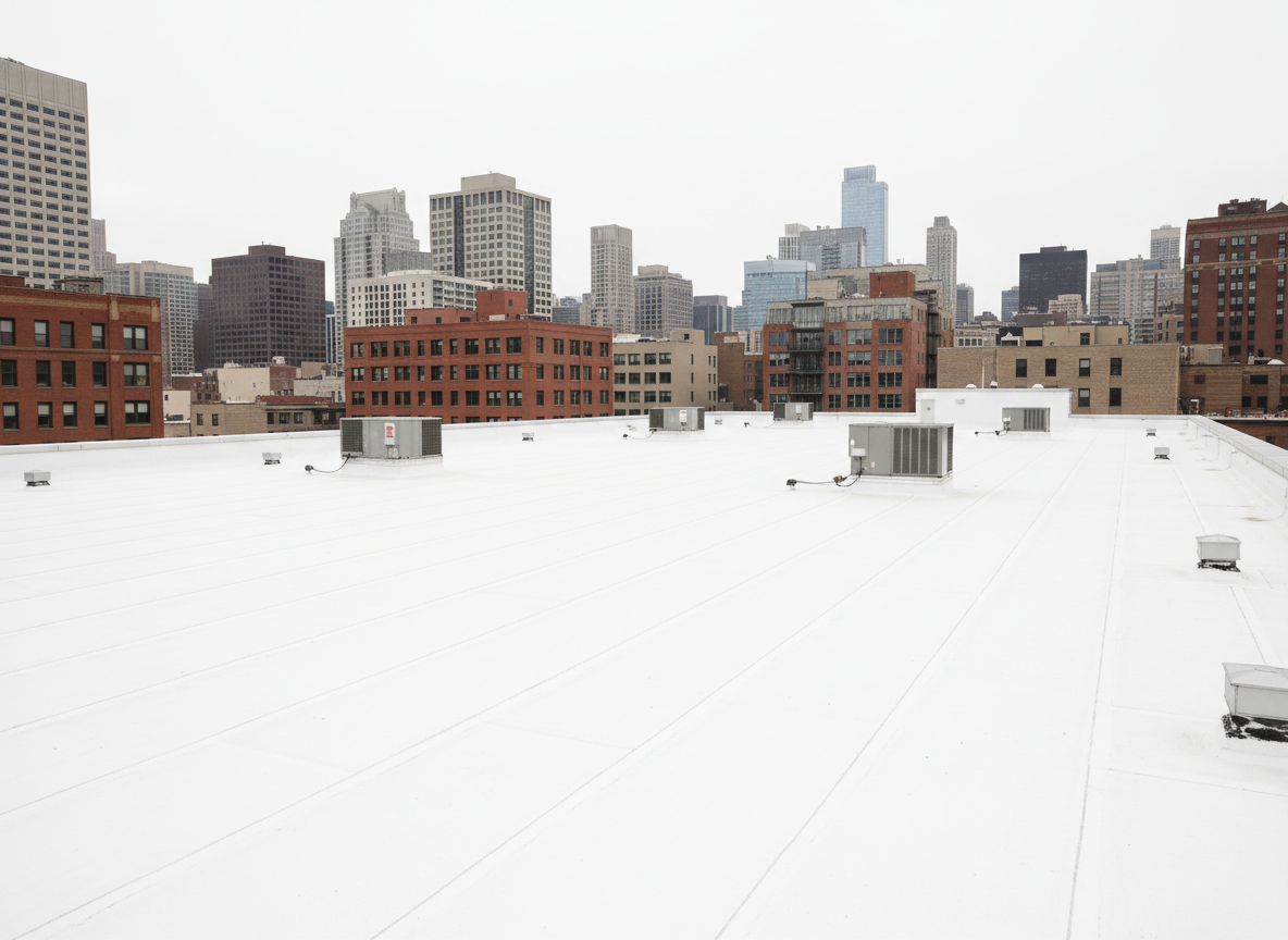 A wide, panoramic view of a pristine flat commercial rooftop in downtown Chicago, covered in smooth white TPO membrane with crisp, straight seams and neatly flashed HVAC units. The surrounding skyline of mid-rise brick and glass buildings stretches into the distance under a bright but slightly overcast sky, providing diffused, even daylight that minimizes harsh shadows. The clean roof surface appears meticulously maintained, with drains and scuppers clearly visible along the parapet walls. Captured in photographic realism from a slightly elevated angle, the composition emphasizes the expanse and uniformity of the roof, conveying durability, professional workmanship, and long-term performance in a calm, confident atmosphere.