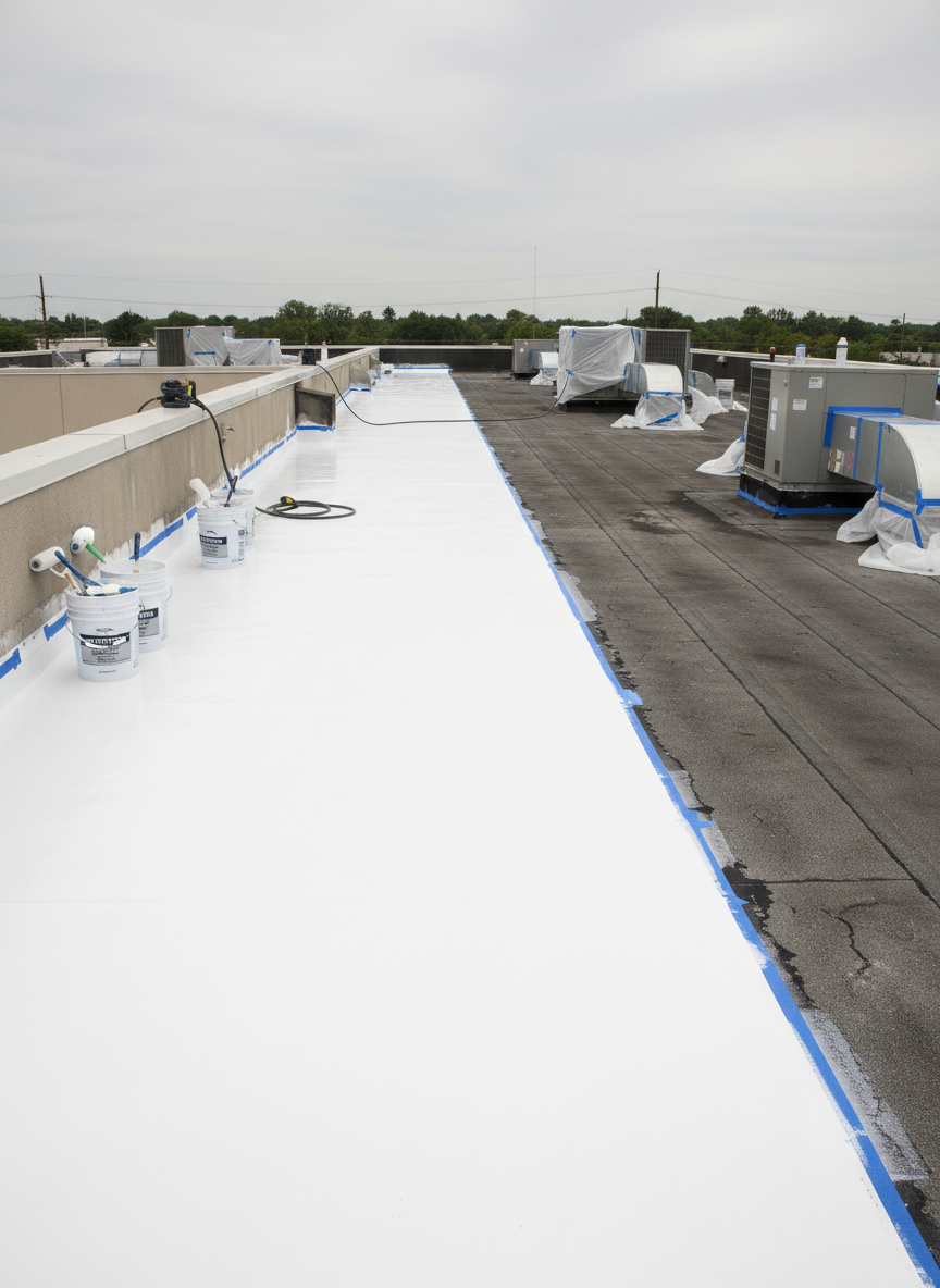 A mid-range photographic shot of a flat commercial roof undergoing restoration, with half the surface already covered in a fresh, bright white elastomeric coating and the other half still a darker, weathered membrane. Buckets of coating and neatly arranged tools sit along the parapet, while rooftop units and ductwork are carefully masked with tape and protective sheeting. The sky is lightly overcast, providing soft, neutral lighting that highlights the reflective quality of the new coating without glare. Captured from a slightly elevated corner perspective with strong leading lines, the composition emphasizes transformation, longevity, and energy-efficient improvement, evoking a mood of orderly progress and professional care.