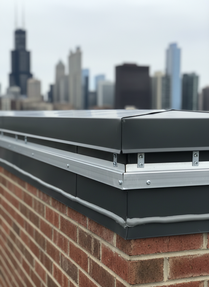A detailed photographic close-up of a flat roof edge on a commercial building, focusing on the metal coping cap, fully adhered single-ply membrane, and immaculate termination bar detail along a brick parapet wall. The membrane surface is smooth and taut, with crisp, regular fastener spacing and perfectly aligned sealant beads. In the background, softly blurred, the Chicago skyline is faintly visible under a cool, overcast sky, providing gentle, even lighting that accentuates edges and textures. Shot from a low, side angle with a shallow depth of field, the image feels modern, precise, and highly professional, underscoring weather protection, durability, and attention to detail at critical roof termination points.