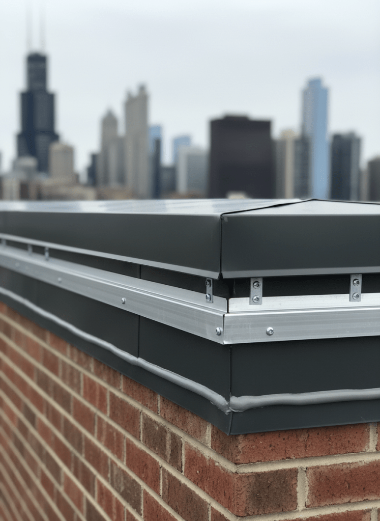 A detailed photographic close-up of a flat roof edge on a commercial building, focusing on the metal coping cap, fully adhered single-ply membrane, and immaculate termination bar detail along a brick parapet wall. The membrane surface is smooth and taut, with crisp, regular fastener spacing and perfectly aligned sealant beads. In the background, softly blurred, the Chicago skyline is faintly visible under a cool, overcast sky, providing gentle, even lighting that accentuates edges and textures. Shot from a low, side angle with a shallow depth of field, the image feels modern, precise, and highly professional, underscoring weather protection, durability, and attention to detail at critical roof termination points.
