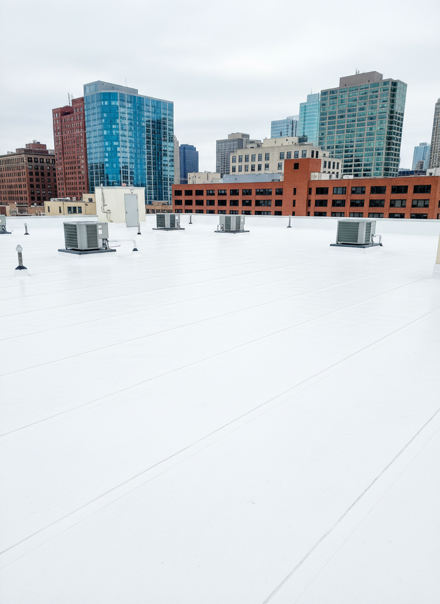 A wide, panoramic view of a pristine flat commercial rooftop in downtown Chicago, covered in smooth white TPO membrane with crisp, straight seams and neatly flashed HVAC units. The surrounding skyline of mid-rise brick and glass buildings stretches into the distance under a bright but slightly overcast sky, providing diffused, even daylight that minimizes harsh shadows. The clean roof surface appears meticulously maintained, with drains and scuppers clearly visible along the parapet walls. Captured in photographic realism from a slightly elevated angle, the composition emphasizes the expanse and uniformity of the roof, conveying durability, professional workmanship, and long-term performance in a calm, confident atmosphere.