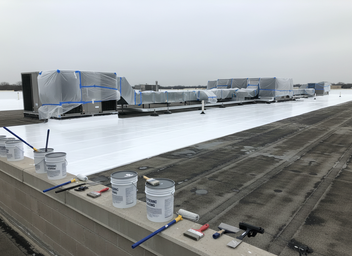 A mid-range photographic shot of a flat commercial roof undergoing restoration, with half the surface already covered in a fresh, bright white elastomeric coating and the other half still a darker, weathered membrane. Buckets of coating and neatly arranged tools sit along the parapet, while rooftop units and ductwork are carefully masked with tape and protective sheeting. The sky is lightly overcast, providing soft, neutral lighting that highlights the reflective quality of the new coating without glare. Captured from a slightly elevated corner perspective with strong leading lines, the composition emphasizes transformation, longevity, and energy-efficient improvement, evoking a mood of orderly progress and professional care.