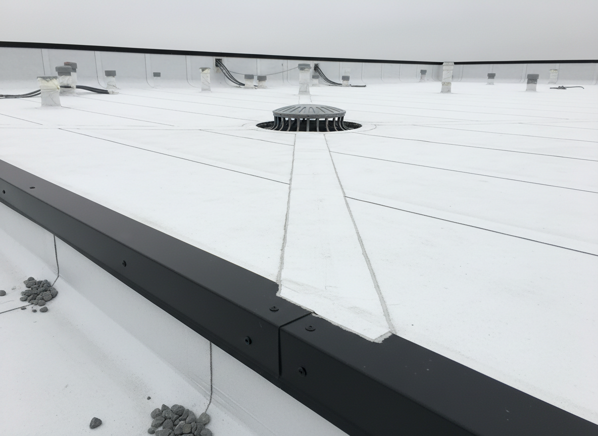A close-up, highly detailed photographic view of a flat commercial roof showing layered construction: dark metal edge flashing, clean white TPO membrane, and precision-welded seams running in straight lines toward a centrally located roof drain. Small gravel ballast and neatly sealed penetrations for vents and conduit add texture and authenticity. The scene is set on an overcast Chicago day, with soft, diffused light reducing glare and revealing subtle surface textures. Shot at a low, eye-level angle along the plane of the roof, with sharp focus throughout, the image communicates technical quality, proper drainage design, and meticulous installation in a clean, professional aesthetic.