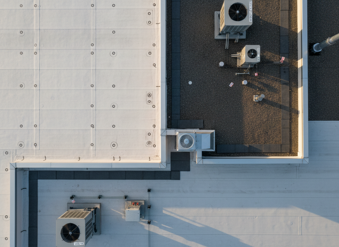 An overhead, near bird’s-eye photographic view of an expansive flat industrial roof divided into clearly defined sections: mechanically fastened TPO, built-up roofing, and a newer section of PVC membrane, all intersecting around a large, central roof drain and scupper system. Metal expansion joints, walk pads, and neatly labeled rooftop equipment are visible, arranged with logical spacing. Late afternoon light filters through thin clouds, creating gentle highlights on the lighter membranes and subtle shadows around penetrations, adding depth without harsh contrast. The composition is clean and geometric, emphasizing drainage planning, system integration, and long-term performance in a precise, technical, and highly professional atmosphere.
