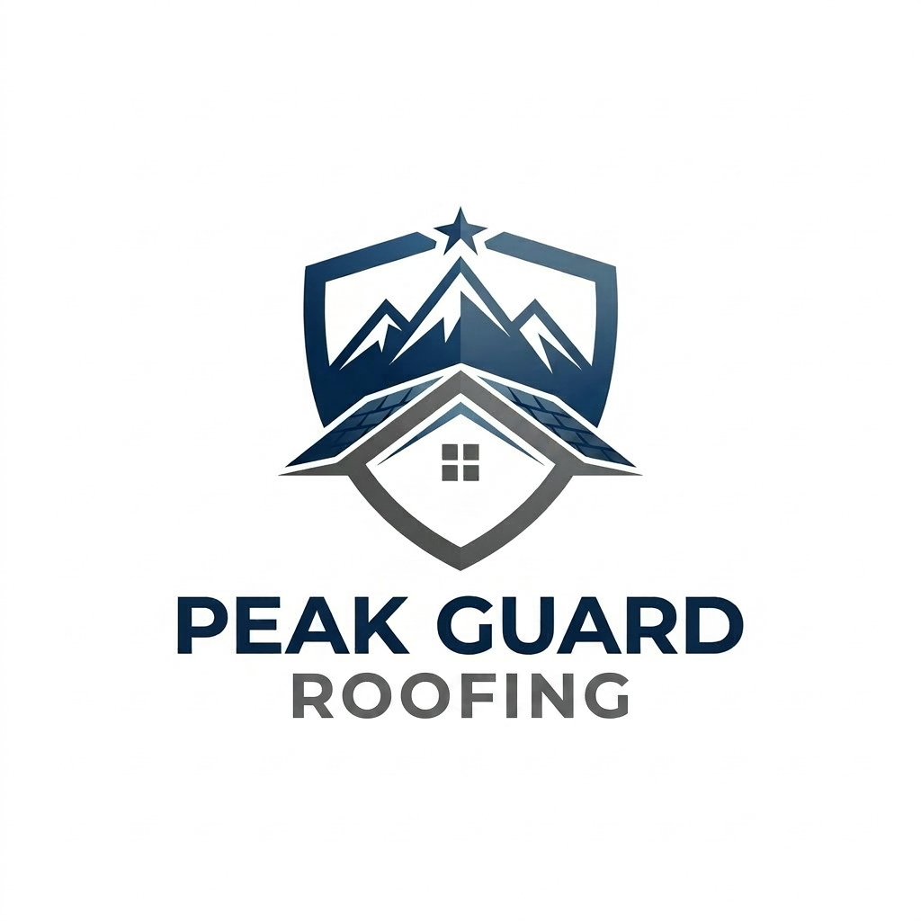 Logo showing shield shape with mountains and a rooftop with four windows plus text Peak Guard Roofing LLC