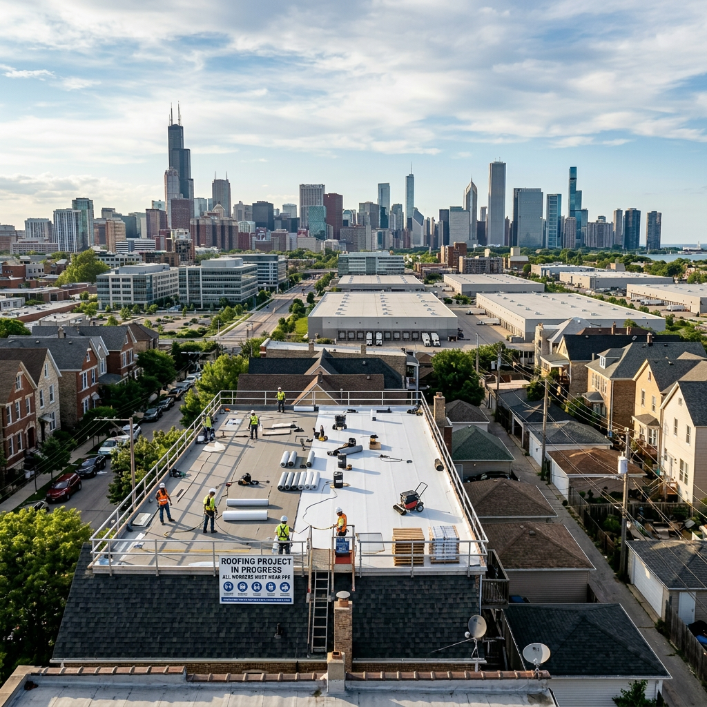 Chicago skyline with skyscrapers behind residential houses and green trees