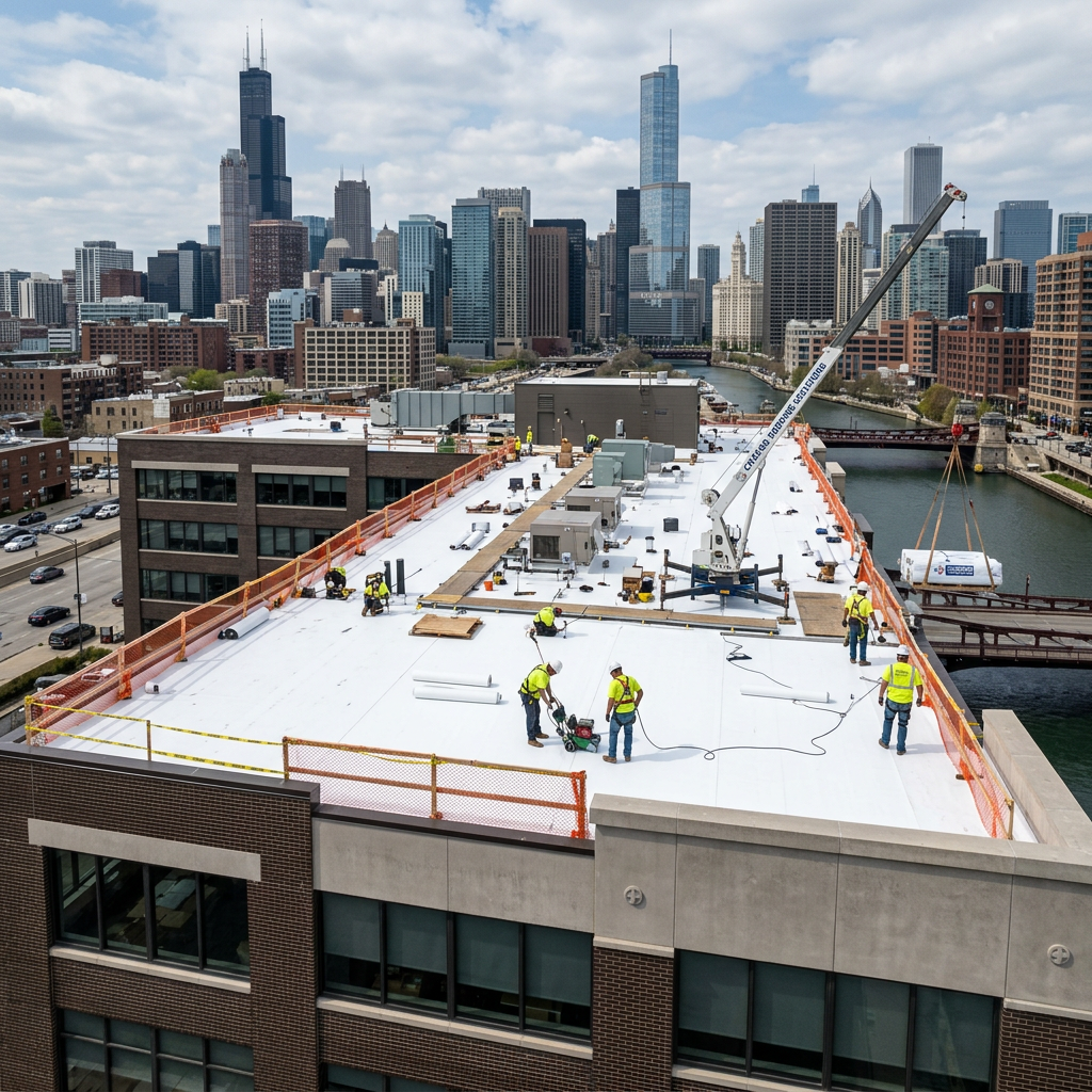 Workers installing white roofing material on a rooftop in an urban area with a crane lifting material